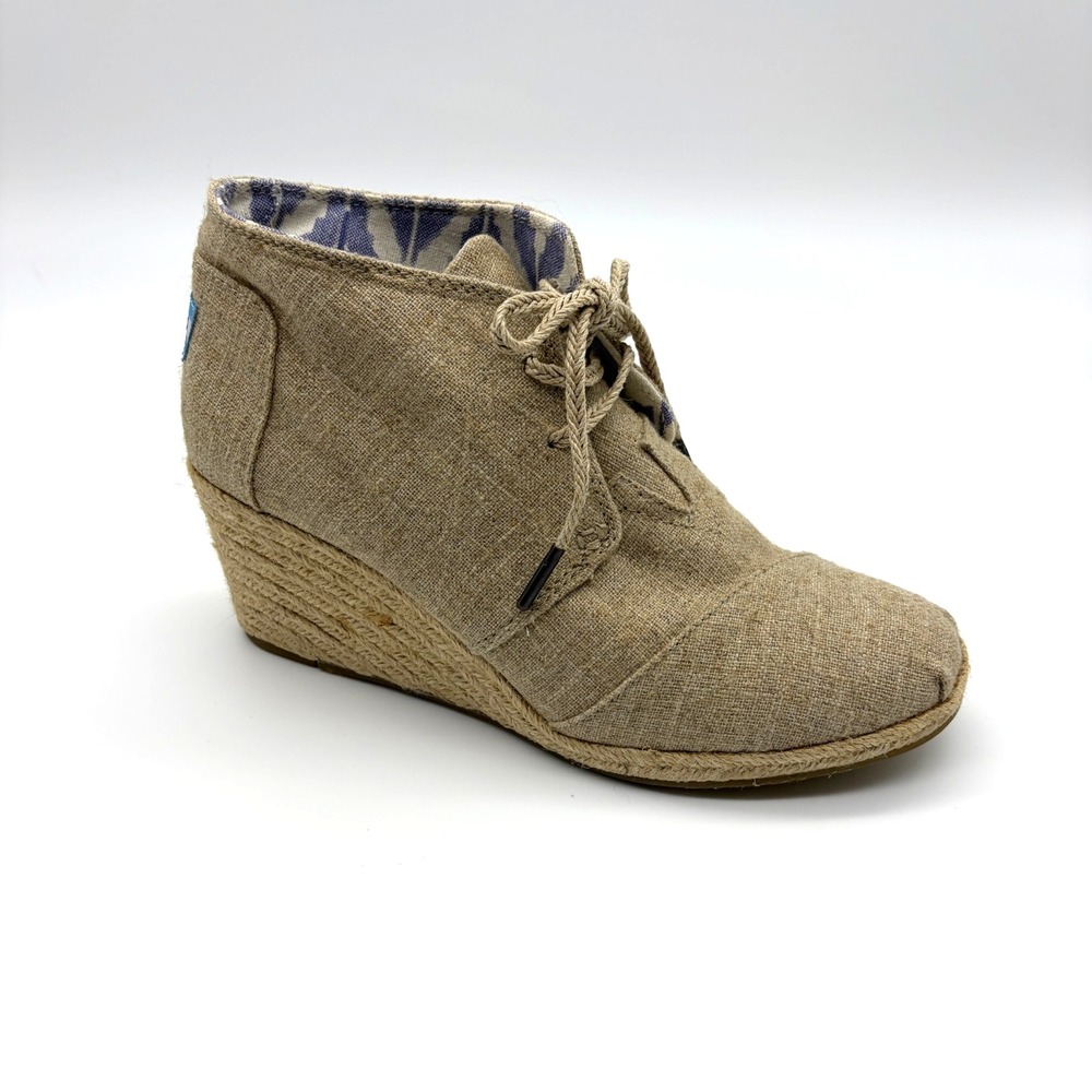 TOMS Natural Burlap Desert Espadrille Wedge Bootie Boot Lace Up Women Sz 8.5
